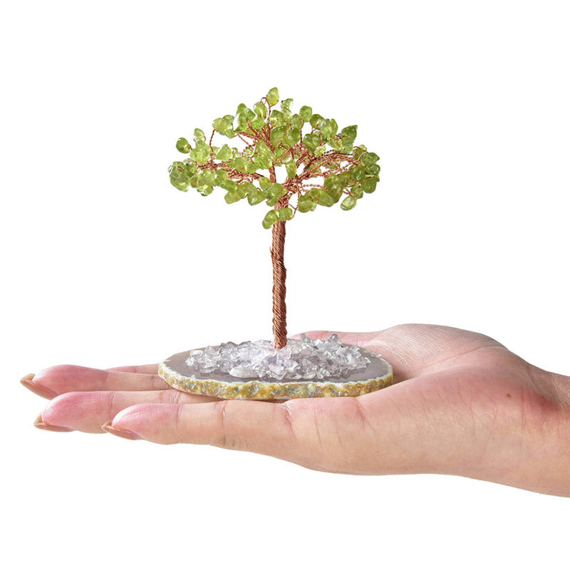 Arbre Feng Shui en pierre précieuse naturelle péridot Olivenorma avec base en agate