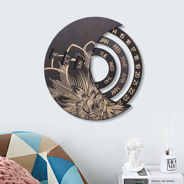 Calendrier perpétuel en forme de croissant de lune en bois avec cercle Olivenorma pour décoration murale