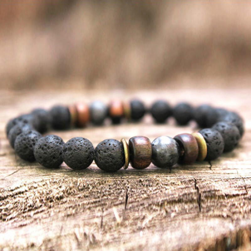 Bracelet énergétique pour homme en perles de bois et pierres naturelles de 8 mm Olivenorma