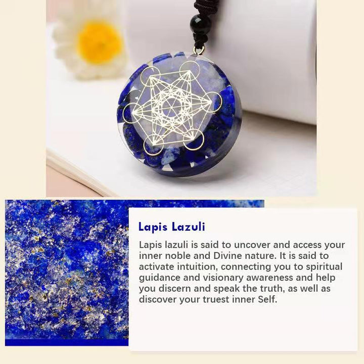 Collier symbole cube de Métatron en jaspe rouge, lapis-lazuli et turquoise Olivenorma