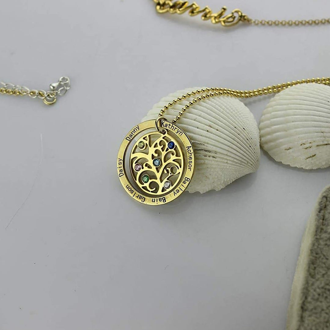 Collier avec pierre de naissance gravée du nom de l'arbre de vie Olivenorma