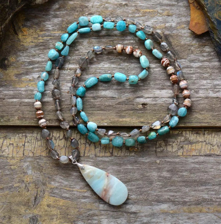 Pendentif Mala en pierre de cristal d'amazonite, de labradorite et d'agate Olivenorma
