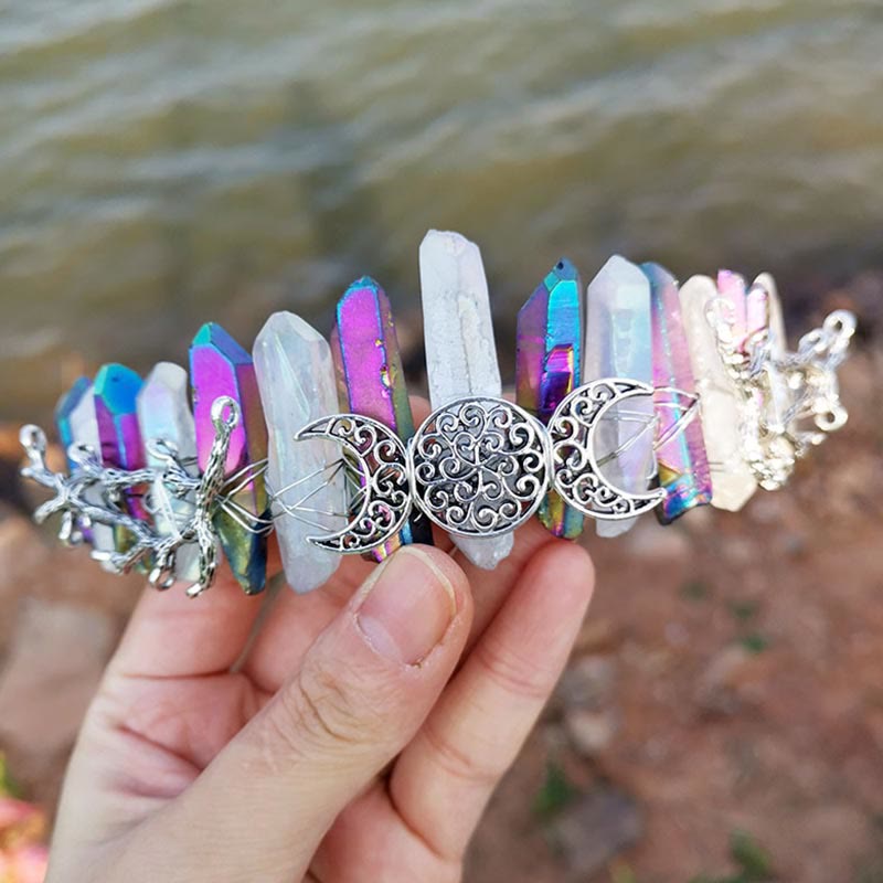 Serre-tête couronne avec coutures en cristal bicolore irisé naturel Olivenorma