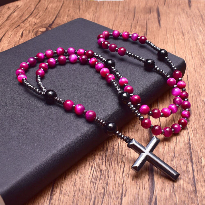 Collier chapelet pendentif croix en pierre naturelle Olivenorma