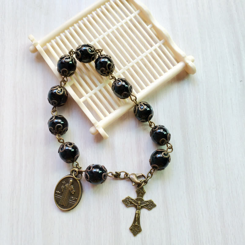 Bracelet chapelet avec pendentif croix en obsidienne sacrée Olivenorma
