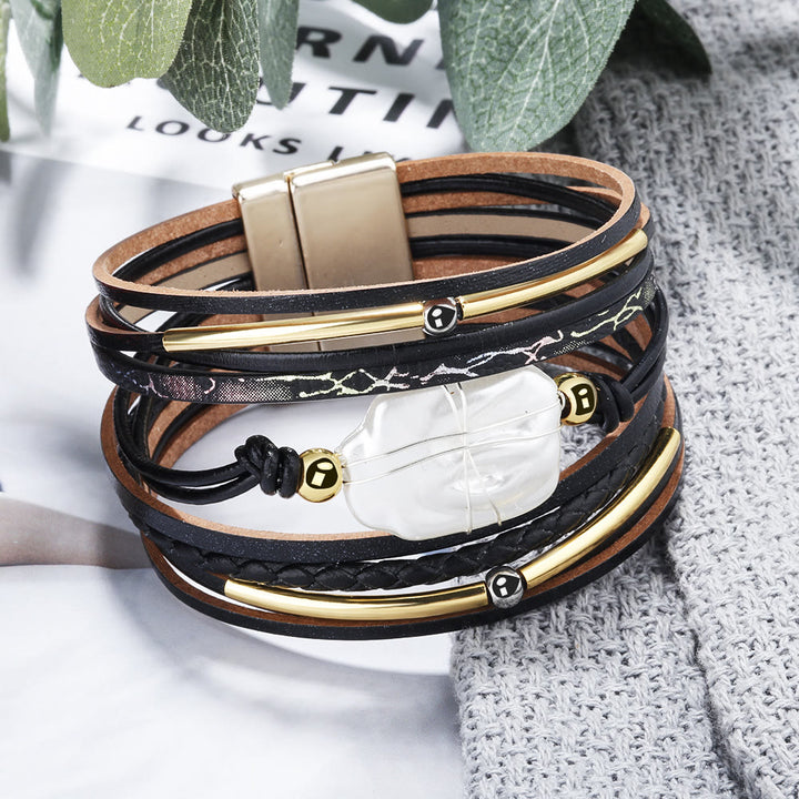 Bracelet en cuir tressé avec perles d'eau douce naturelles Olivenorma