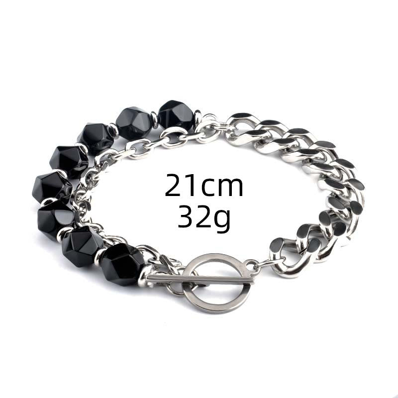 Bracelet en acier inoxydable avec onyx noir à facettes et œil de tigre Olivenorma