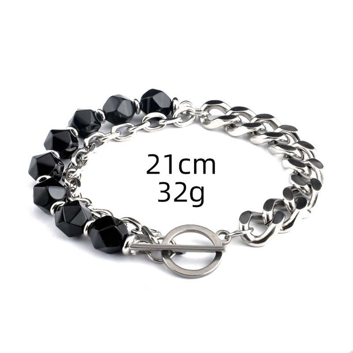 Bracelet en acier inoxydable avec onyx noir à facettes et œil de tigre Olivenorma