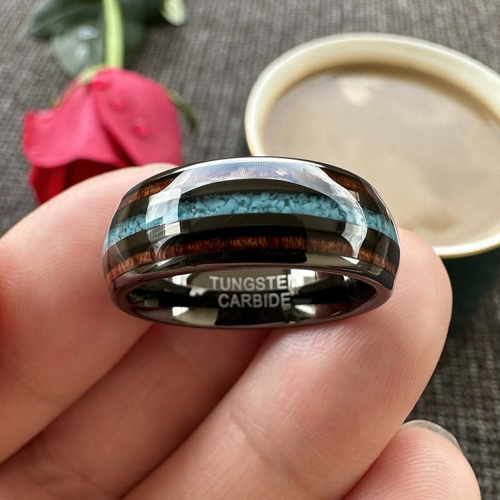 Bague en carbure de tungstène poli Olivenorma Wood Turquoise 8 mm