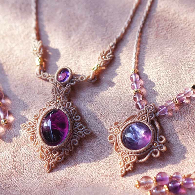 Collier et bracelet gardien tissé à la main en améthyste et charoïte Olivenorma