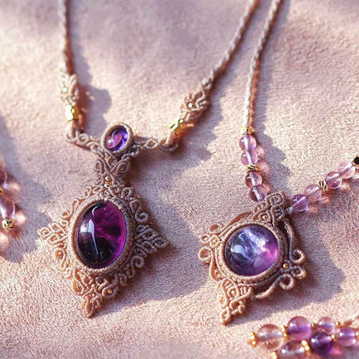 Collier et bracelet gardien tissé à la main en améthyste et charoïte Olivenorma