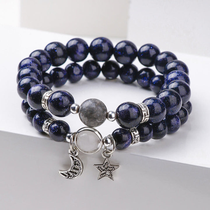 Bracelet en obsidienne de grès bleu Olivenorma avec perles de 6 mm en forme d'étoile et de lune