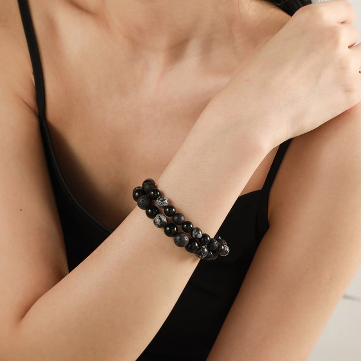Bracelet pour homme en perles de pierre de lave, obsidienne flocon de neige et onyx noir Olivenorma
