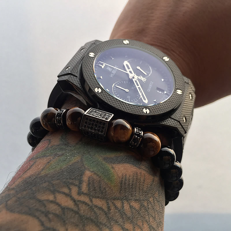 Bracelet en perles noires givrées en œil de tigre pour homme Olivenorma