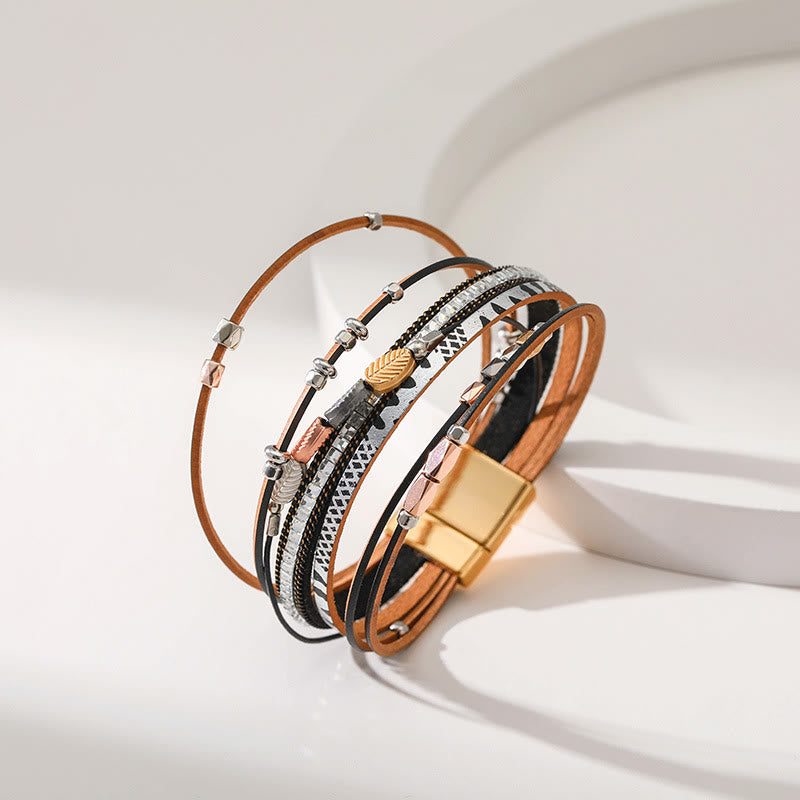 Bracelet en cuir à plusieurs niveaux avec feuille de zircon blanc et hématite Olivenorma