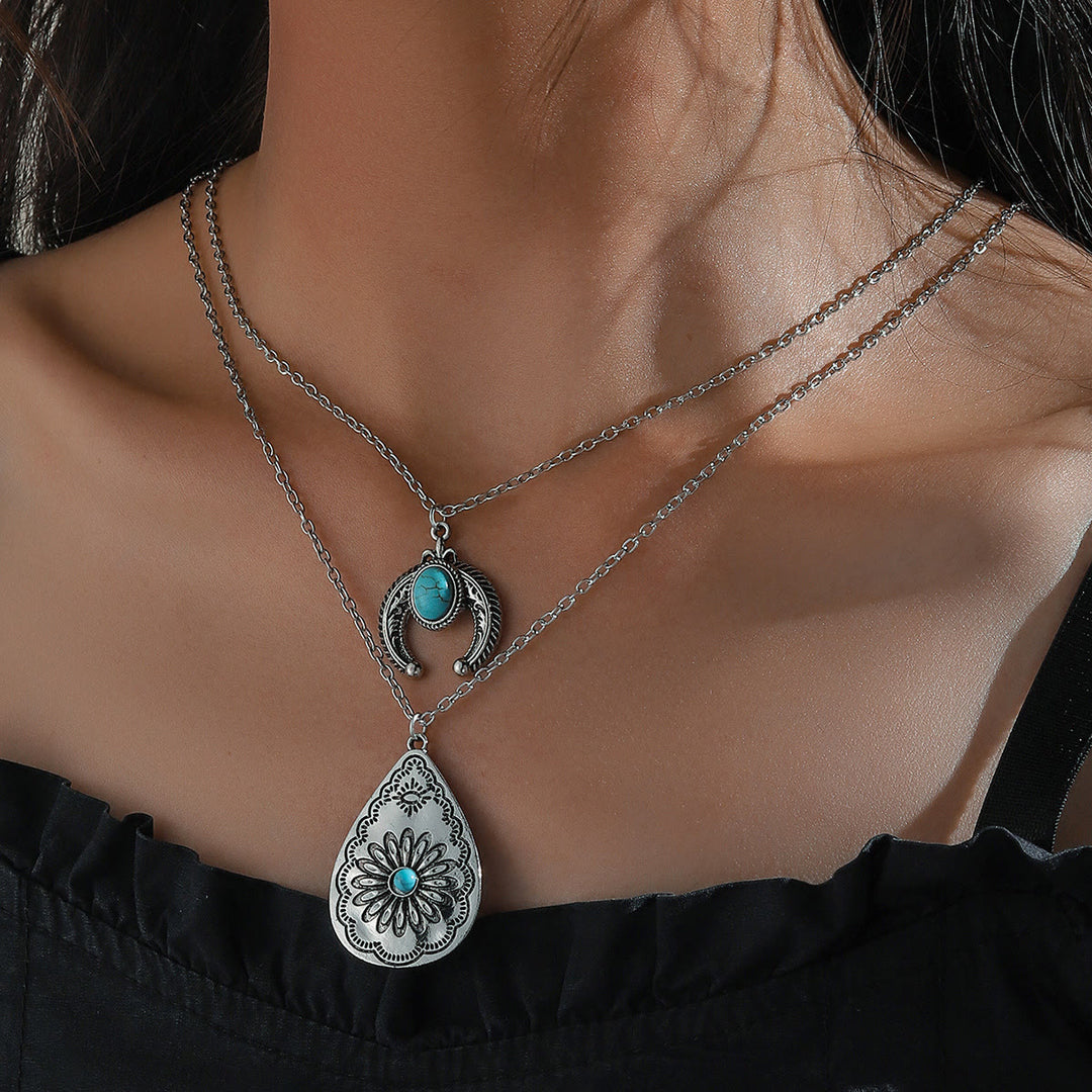 Collier pendentif double couche sculpté en forme de goutte turquoise Olivenorma