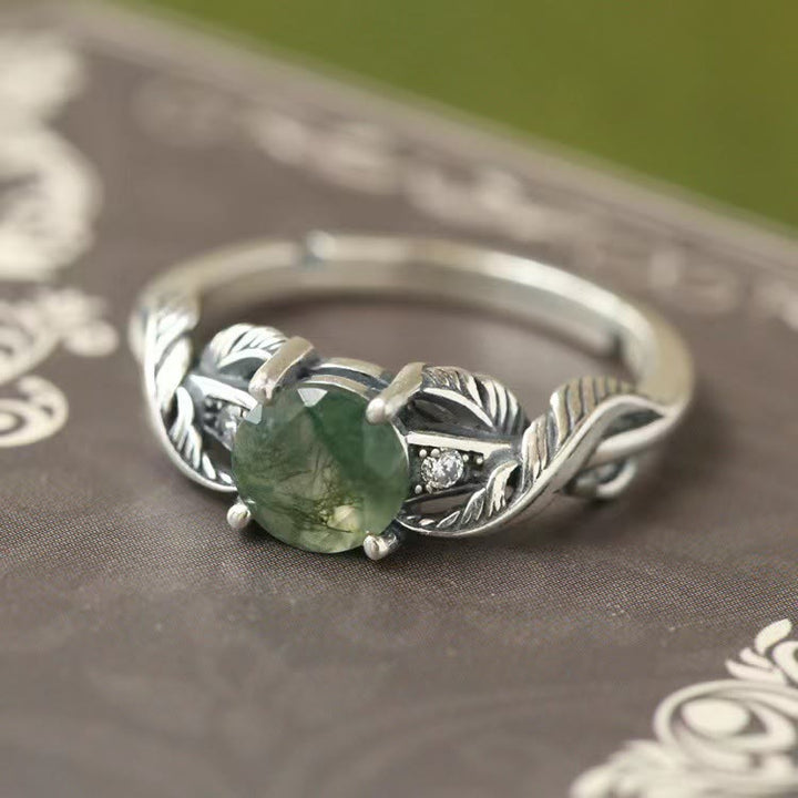 Bague en quartz fantôme vert naturel Olivenorma avec feuille sculptée