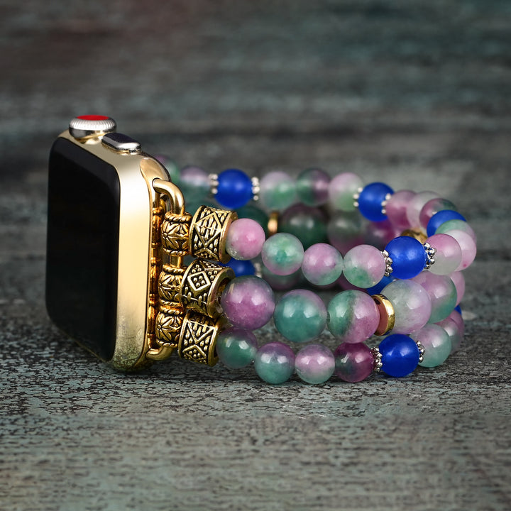 Bracelet de montre Apple Watch Olivenorma avec perles roses et bleues et motif œil mauvais