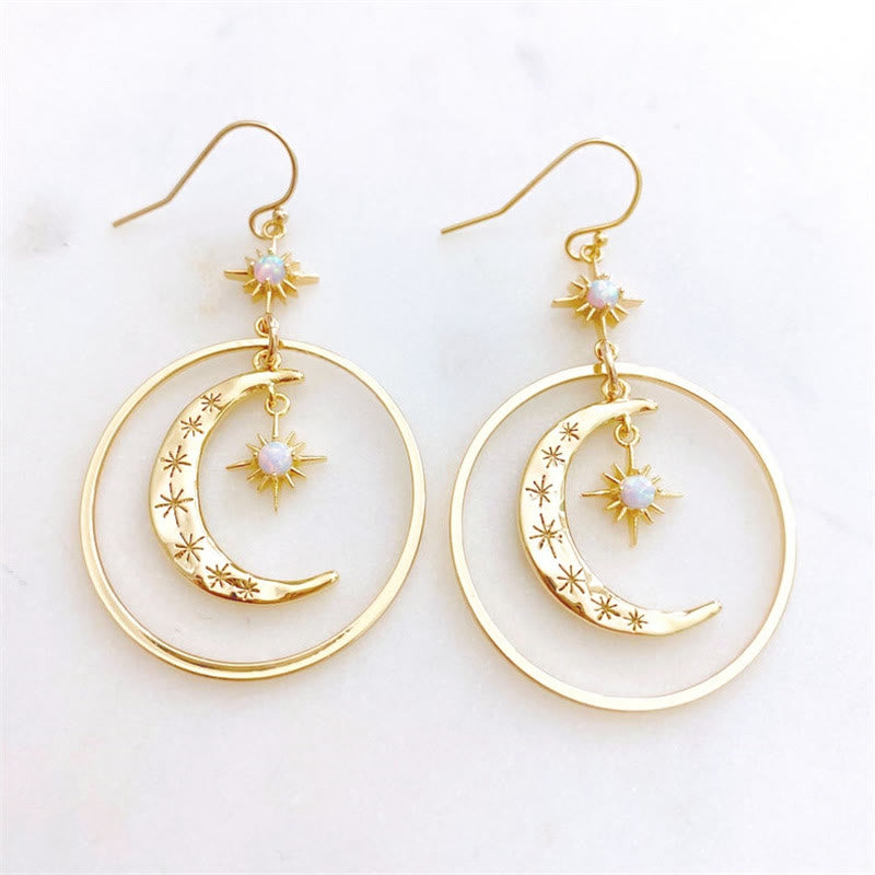Boucles d'oreilles pendantes lune et soleil en pierre de lune Olivenorma