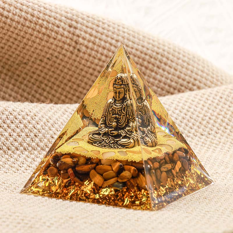 Pyramide d'orgone de Bouddha Olivenorma avec protection en œil de tigre