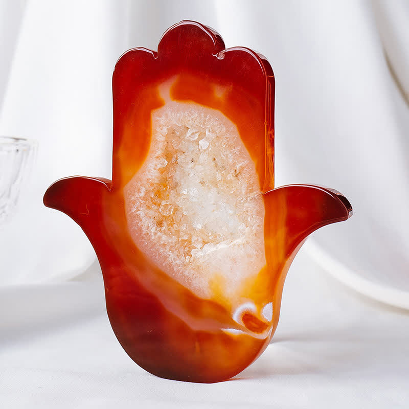 Décoration en pierre précieuse de protection Hamsa en agate rouge Olivenorma