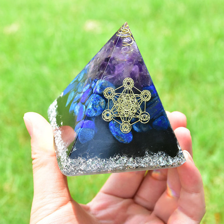 Olivenorma Améthyste Lapis Lazuli Tourmaline noire Symbole du cube de Métatron Pyramide d'orgone