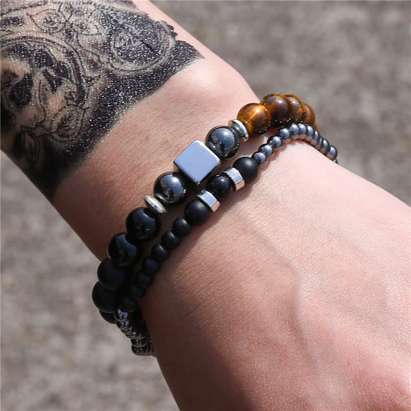 Ensemble de bracelets extensibles en forme de cube noir avec œil de tigre givré Olivenorma