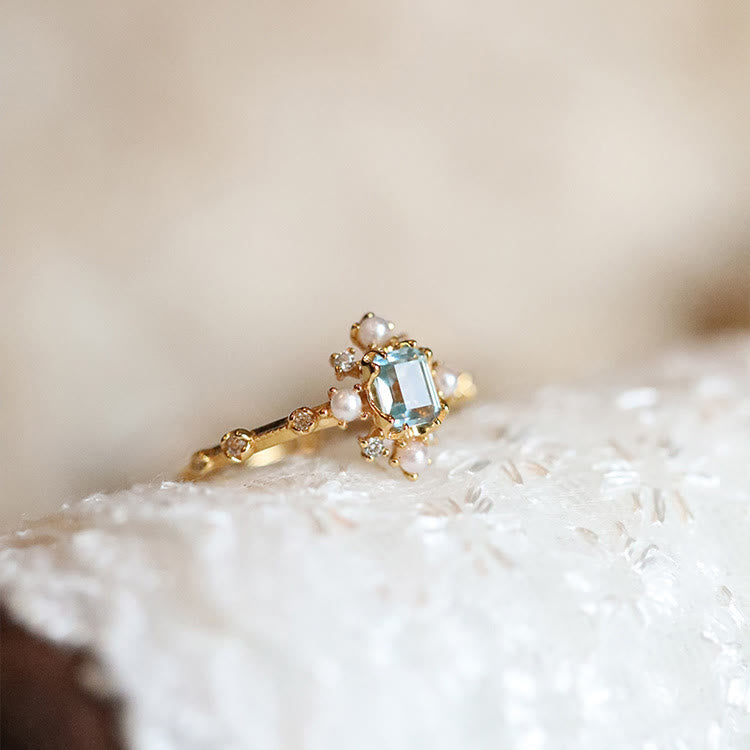 Bague de luxe en argent sterling S925 avec perle d'aigue-marine Olivenorma