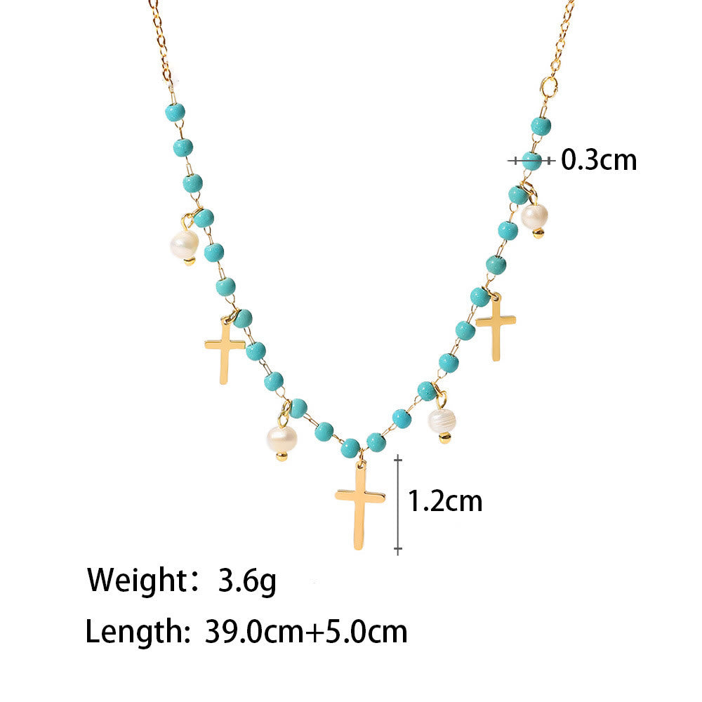 Collier à pampilles avec pendentif en croix et perles turquoise Olivenorma