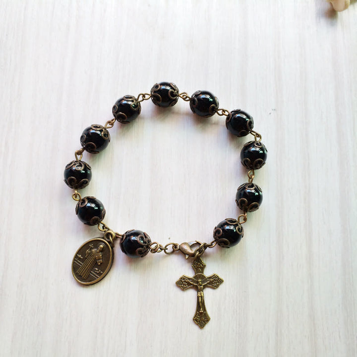 Bracelet chapelet avec pendentif croix en obsidienne sacrée Olivenorma