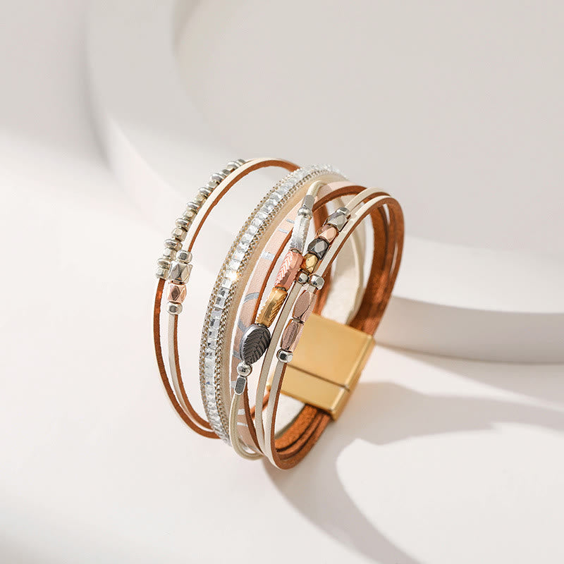 Bracelet en cuir à plusieurs niveaux avec feuille de zircon blanc et hématite Olivenorma