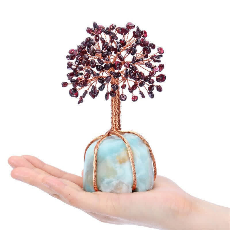 Arbre Feng Shui à base d'amazonite avec feuilles de grenat Olivenorma