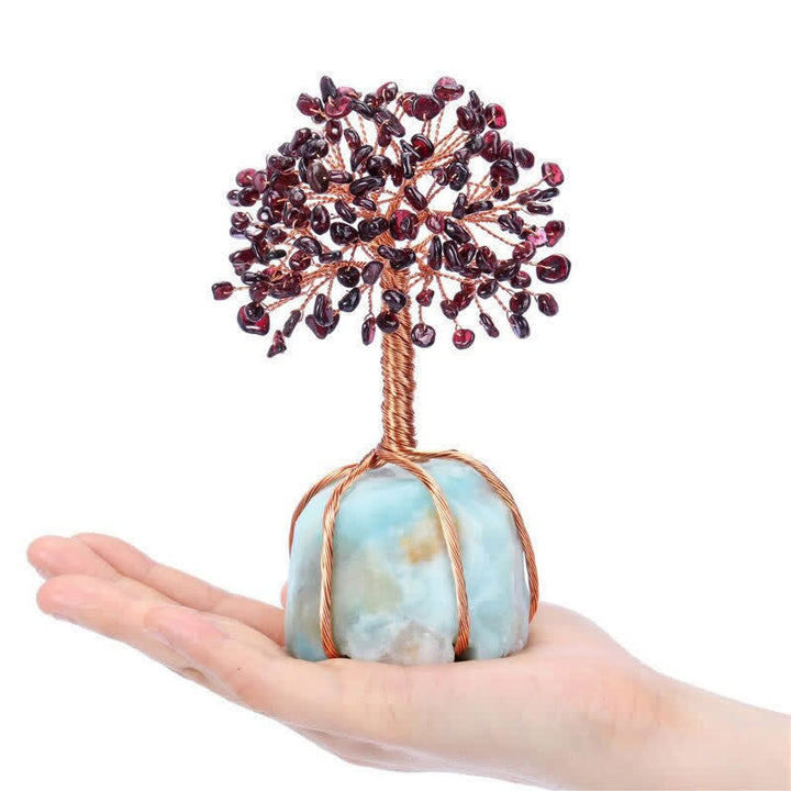 Arbre Feng Shui à base d'amazonite avec feuilles de grenat Olivenorma