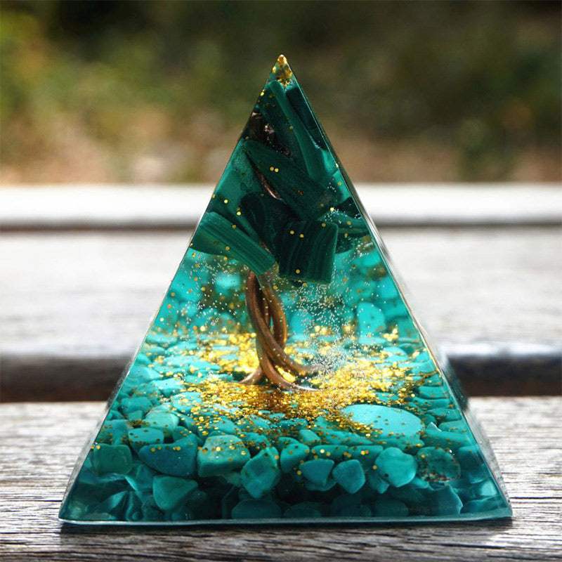Pyramide d'orgone arbre de vie en malachite Olivenorma avec turquoise