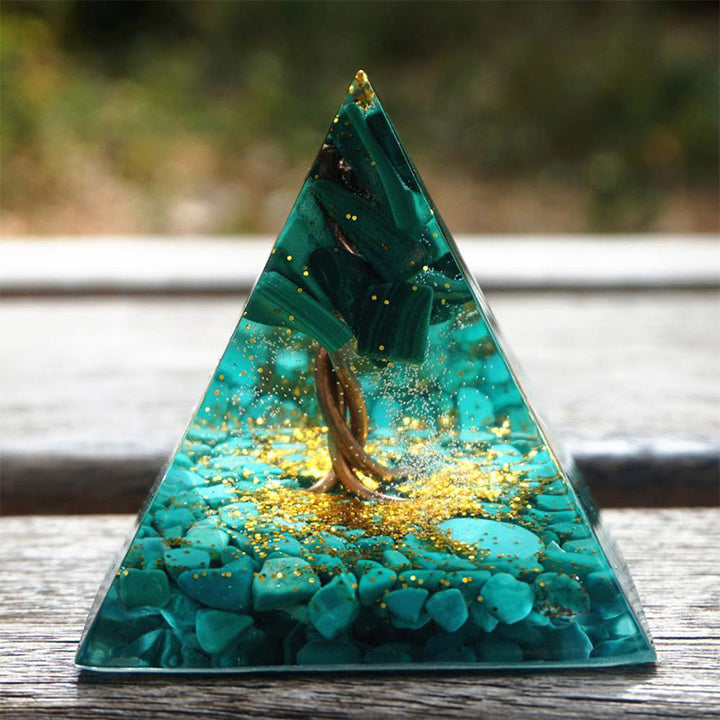 Pyramide d'orgone arbre de vie en malachite Olivenorma avec turquoise
