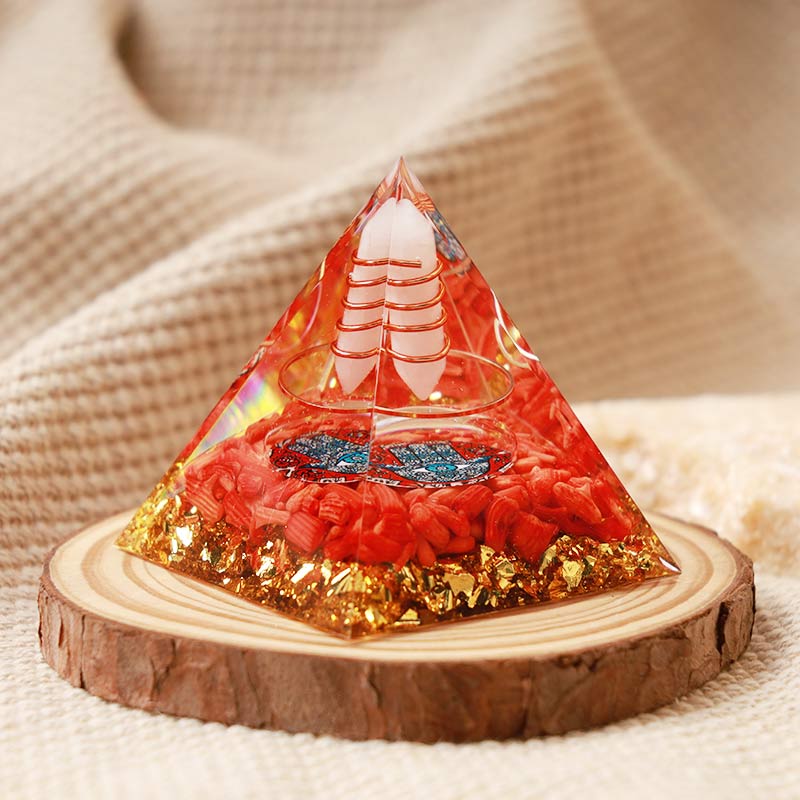 Pyramide d'orgone Hamsa en opale Olivenorma avec corail rouge