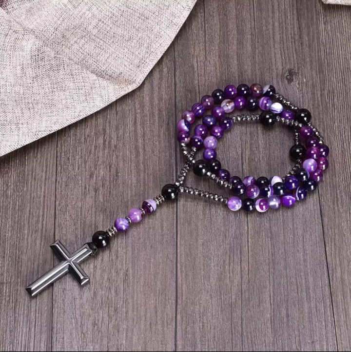Collier pendentif chapelet catholique en pierre naturelle avec croix Olivenorma