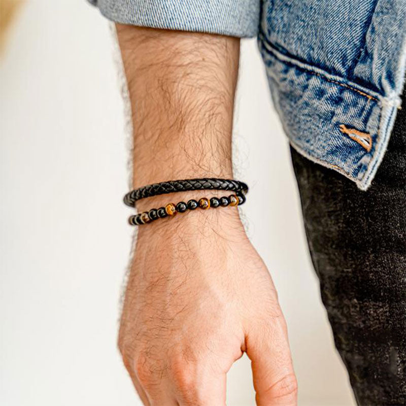 Bracelet en cuir tressé pour homme avec œil de tigre
