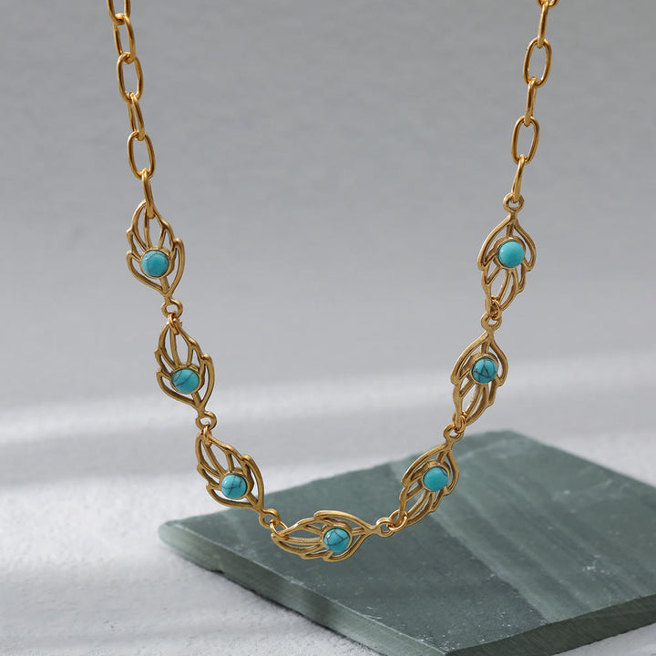 Collier en acier inoxydable 18 carats en forme de feuille de turquoise Olivenorma