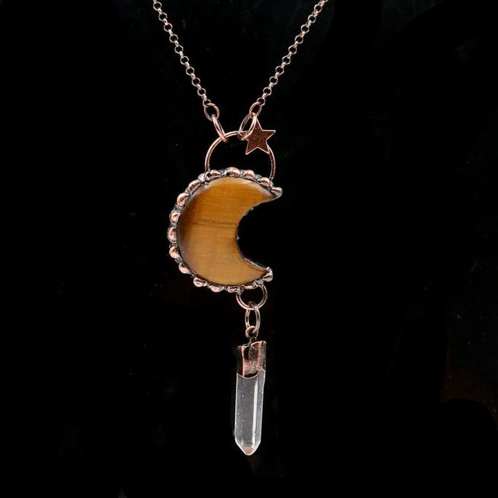 Collier avec pendentif en cristal de lune et étoile en pierres précieuses Olivenorma - Œil de tigre et quartz clair - image 9