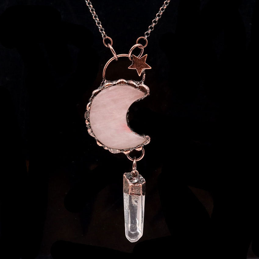 Collier avec pendentif en cristal de lune et étoile en pierres précieuses Olivenorma - Quartz rose et quartz clair - image 2