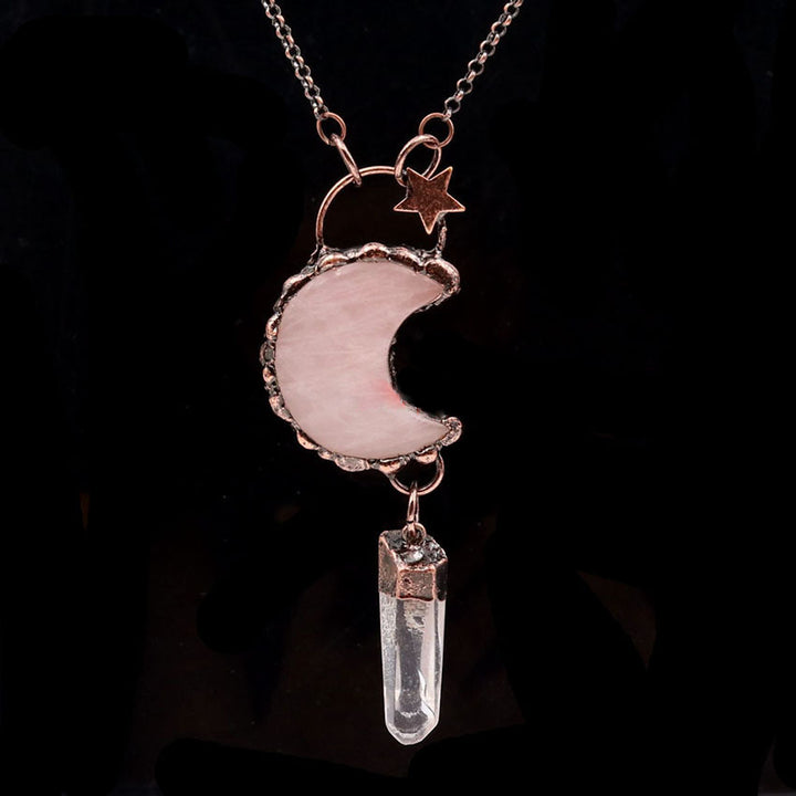 Collier avec pendentif en cristal de lune et étoile en pierres précieuses Olivenorma - Quartz rose et quartz clair - image 2