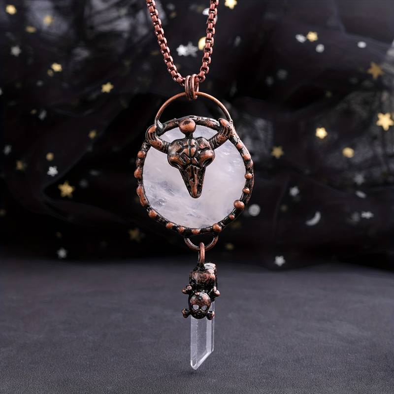 Collier en cuivre avec tête de bœuf Olivenorma et pierres précieuses en quartz transparent