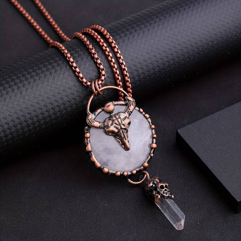 Collier en cuivre avec tête de bœuf Olivenorma et pierres précieuses en quartz transparent