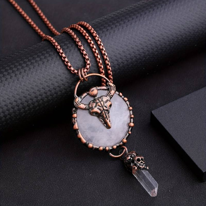 Collier en cuivre avec tête de bœuf Olivenorma et pierres précieuses en quartz transparent
