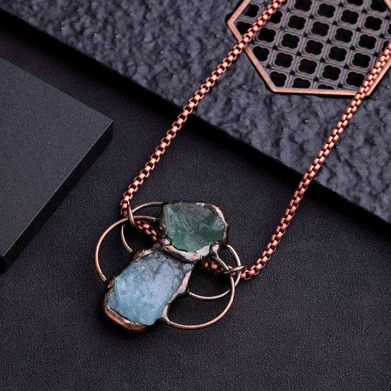 Collier pendentif combiné aigue-marine et fluorite verte Olivenorma