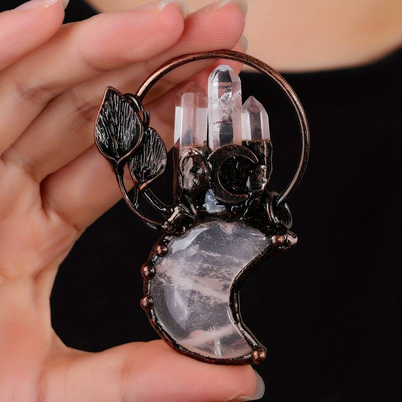 Collier avec pendentif en cristal transparent en forme de lune et de plante en pierres précieuses Olivenorma