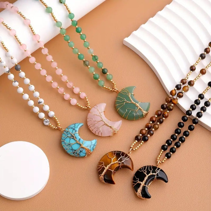 Collier de perles en cristal en forme d'arbre de vie en forme de lune Olivenorma