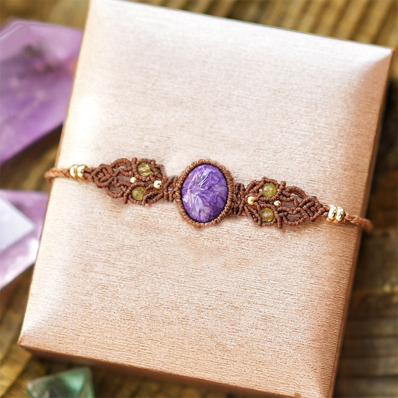 Bracelet tissé à la main en aigue-marine, lépidolite et charoïte naturelle Olivenorma
