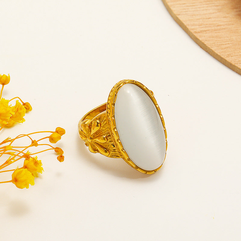 Bague en pierre ovale œil de chat blanc vert Olivenorma